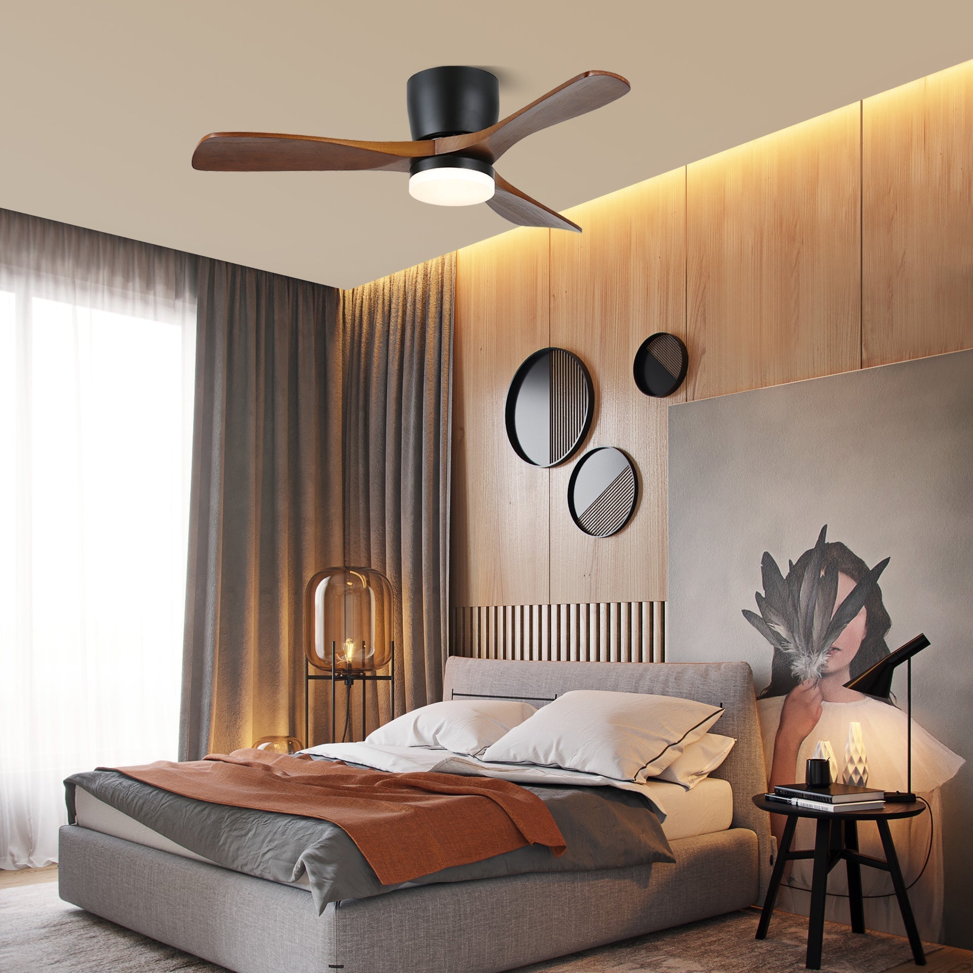 Plafondventilator met Verlichting Hout Minimalistische Stijl met Drie Snelheden Afstandsbediening voor Moderne Slaapkamer Woonkamer | Sansoti