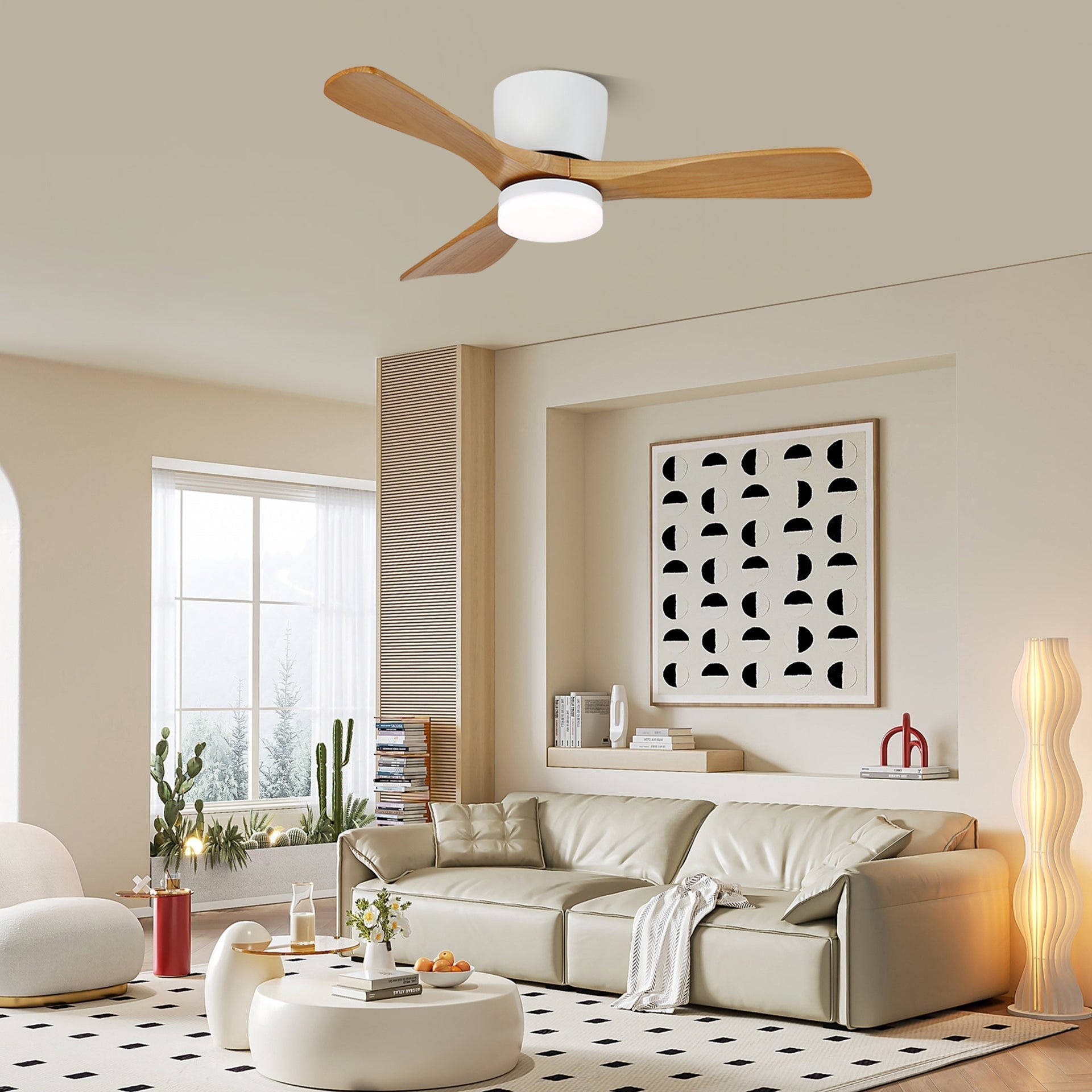 Plafondventilator met Verlichting Knox Strak Minimalistisch Scandinavisch Design Houten Bladen DC-Motor Dimbaar | Sansoti
