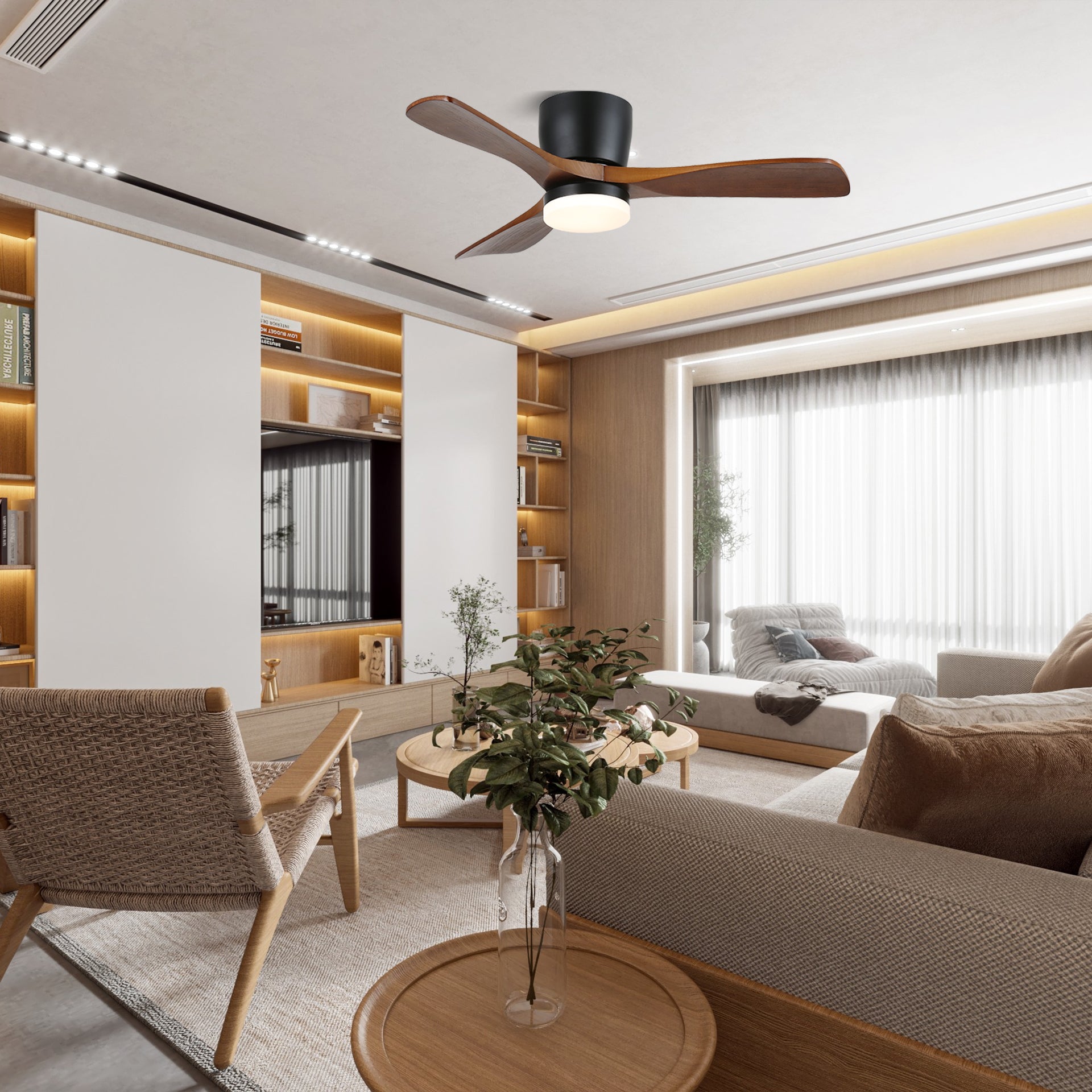 Plafondventilator met Verlichting Hout Minimalistische Stijl met Drie Snelheden Afstandsbediening voor Moderne Slaapkamer Woonkamer | Sansoti