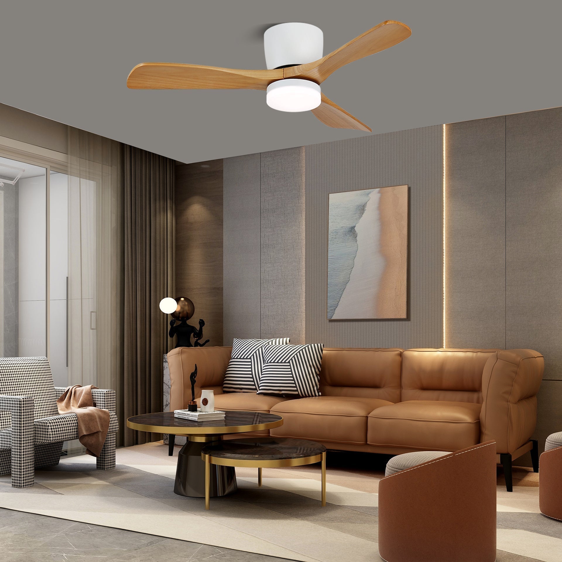 Plafondventilator met Verlichting Hout Minimalistische Stijl met Drie Snelheden Afstandsbediening voor Moderne Slaapkamer Woonkamer | Sansoti