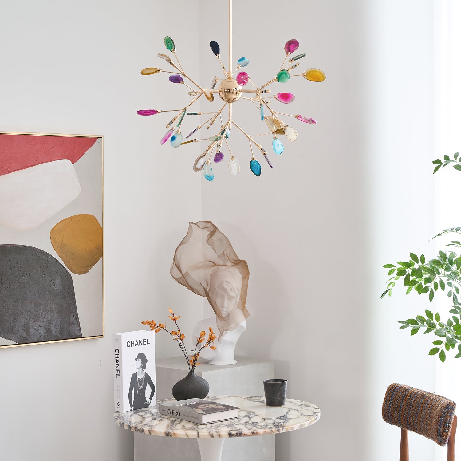 Agaat Kristal Kroonluchter met Natuursteen – Exclusieve Hanglamp voor Eetkamer, Woonkamer en Kantoor | Sansoti