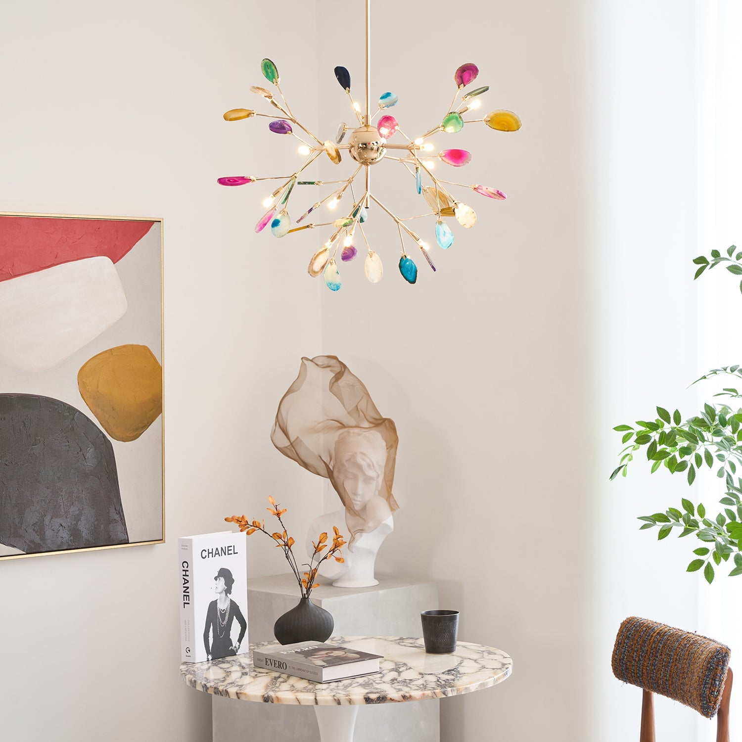 Agaat Kristal Kroonluchter met Natuursteen – Exclusieve Hanglamp voor Eetkamer, Woonkamer en Kantoor | Sansoti