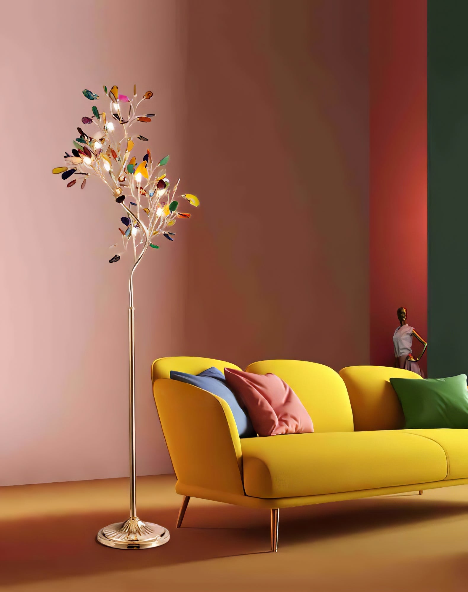 Agaat Vloerlamp – 8-Lampen Boomvorm Natuursteen Sculptuur 175 cm Koperen Finish Stained-Glass Effect Amber Blauw Groen Roze Paars Multicolor Statement Piece | Sansoti