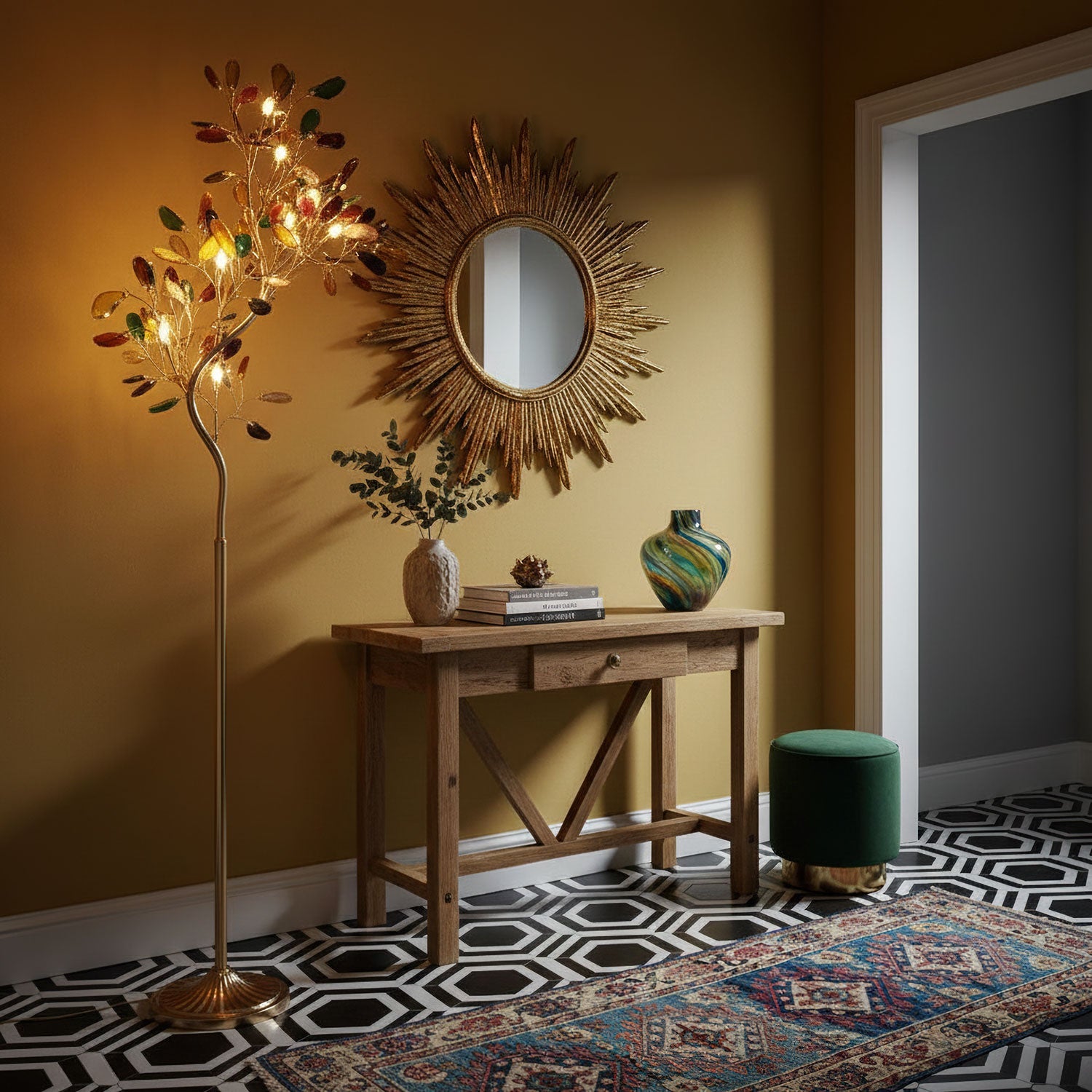 Agaat Vloerlamp – 8-Lampen Boomvorm Natuursteen Sculptuur 175 cm Koperen Finish Stained-Glass Effect Amber Blauw Groen Roze Paars Multicolor Statement Piece | Sansoti