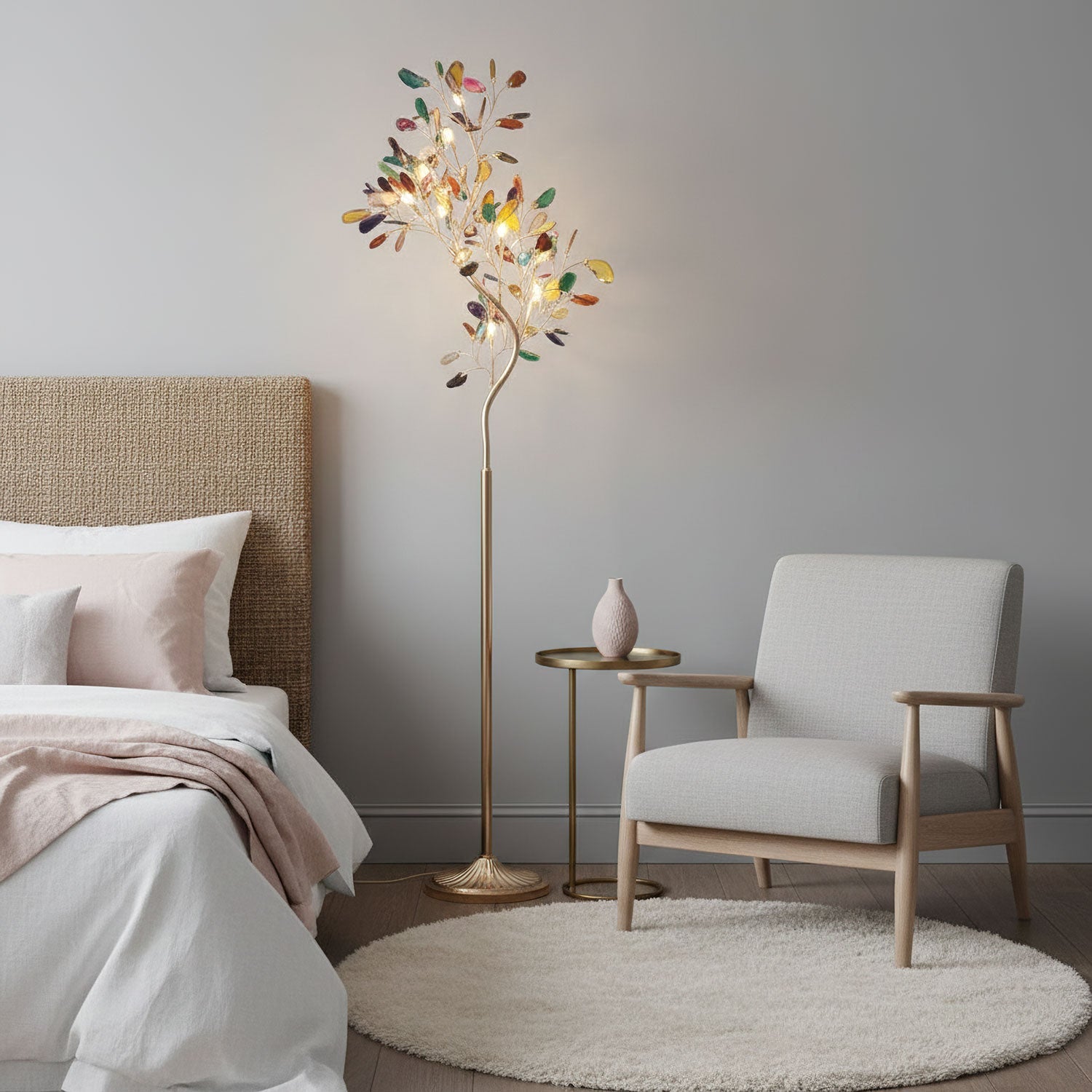 Agaat Vloerlamp – 8-Lampen Boomvorm Natuursteen Sculptuur 175 cm Koperen Finish Stained-Glass Effect Amber Blauw Groen Roze Paars Multicolor Statement Piece | Sansoti