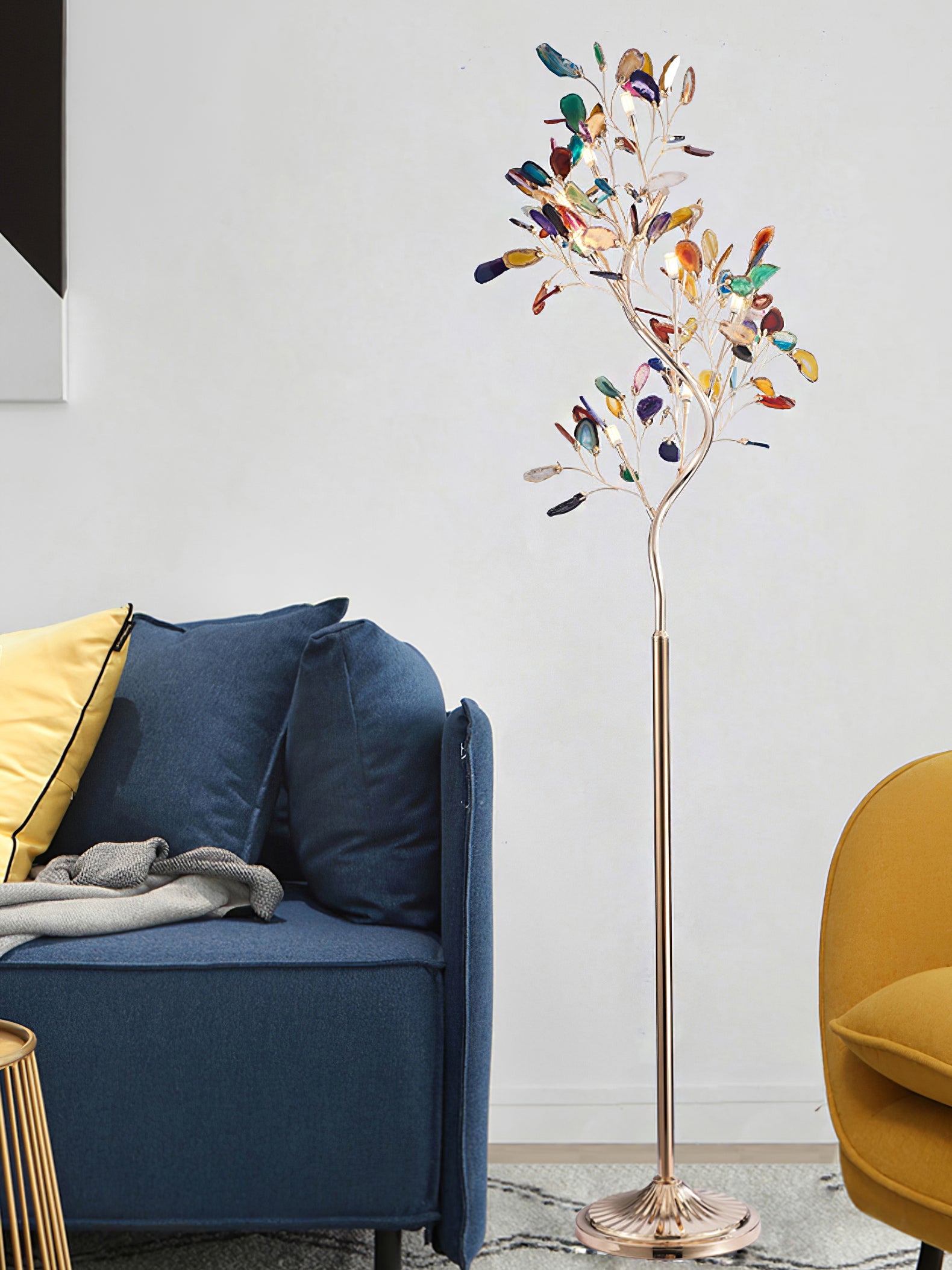 Agaat Vloerlamp – 8-Lampen Boomvorm Natuursteen Sculptuur 175 cm Koperen Finish Stained-Glass Effect Amber Blauw Groen Roze Paars Multicolor Statement Piece | Sansoti
