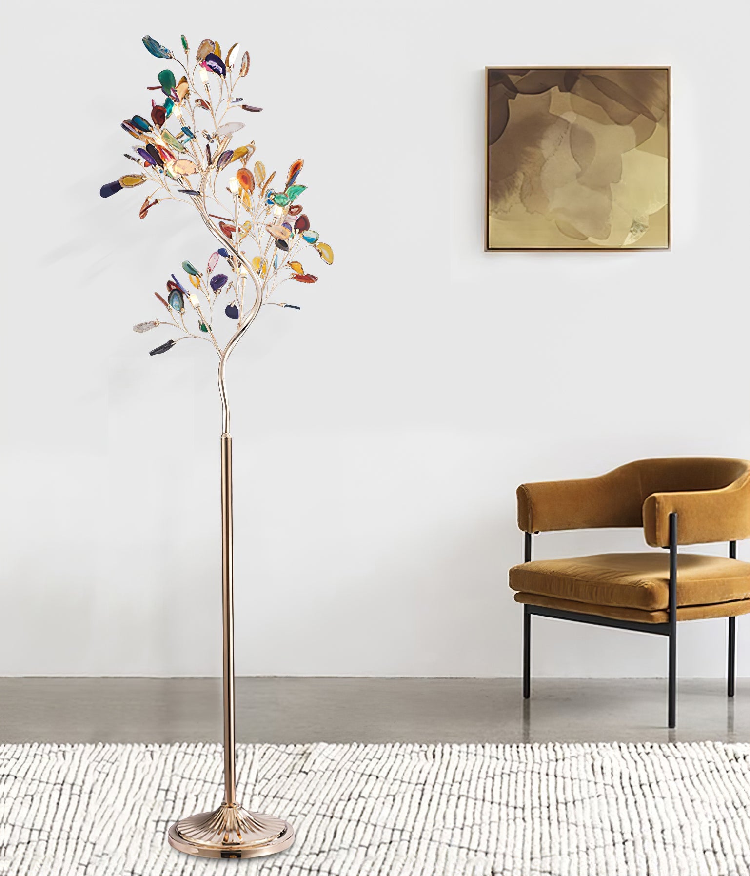 Agaat Vloerlamp – 8-Lampen Boomvorm Natuursteen Sculptuur 175 cm Koperen Finish Stained-Glass Effect Amber Blauw Groen Roze Paars Multicolor Statement Piece | Sansoti