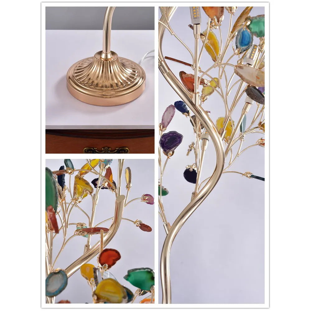 Agaat Vloerlamp – 8-Lampen Boomvorm Natuursteen Sculptuur 175 cm Koperen Finish Stained-Glass Effect Amber Blauw Groen Roze Paars Multicolor Statement Piece | Sansoti