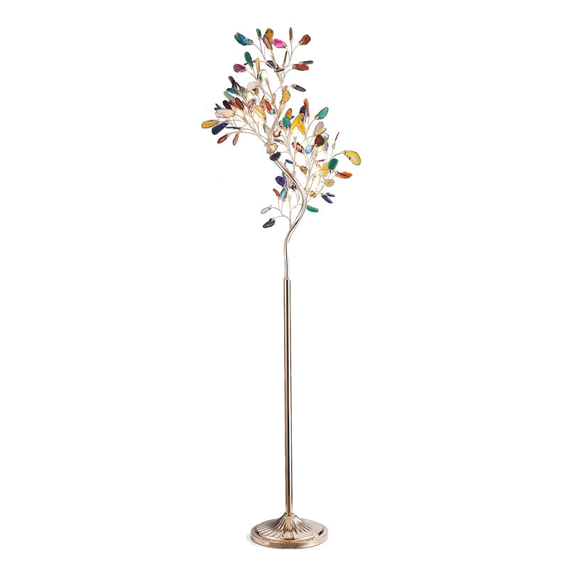 Agaat Vloerlamp – 8-Lampen Boomvorm Natuursteen Sculptuur 175 cm Koperen Finish Stained-Glass Effect Amber Blauw Groen Roze Paars Multicolor Statement Piece | Sansoti