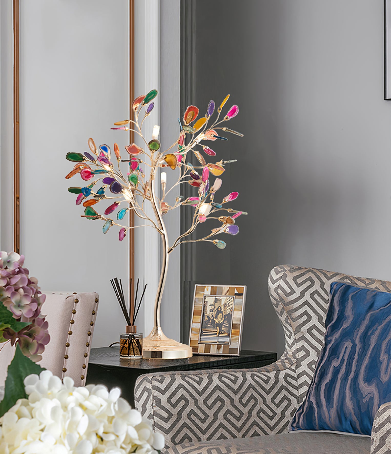 Agaat Kroonluchter – Natuursteen Hanglamp met Rozégouden Frame voor Hoge Ruimtes – Ø 65 cm & Ø 85 cm | Sansoti