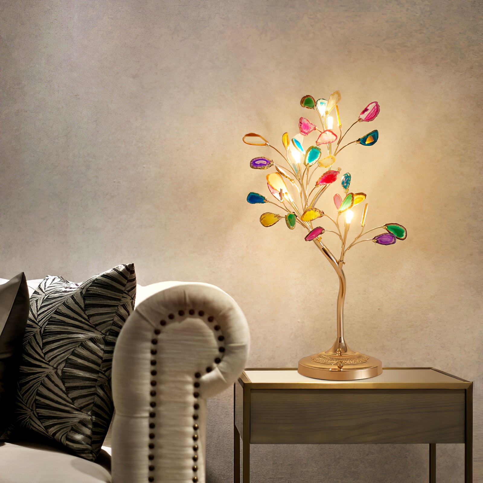 Agaat Kroonluchter – Natuursteen Hanglamp met Rozégouden Frame voor Hoge Ruimtes – Ø 65 cm & Ø 85 cm | Sansoti