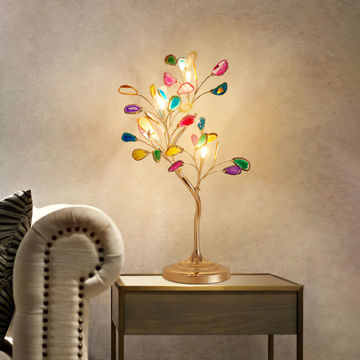 Agaat Kroonluchter – Natuursteen Hanglamp met Rozégouden Frame voor Hoge Ruimtes – Ø 65 cm & Ø 85 cm | Sansoti