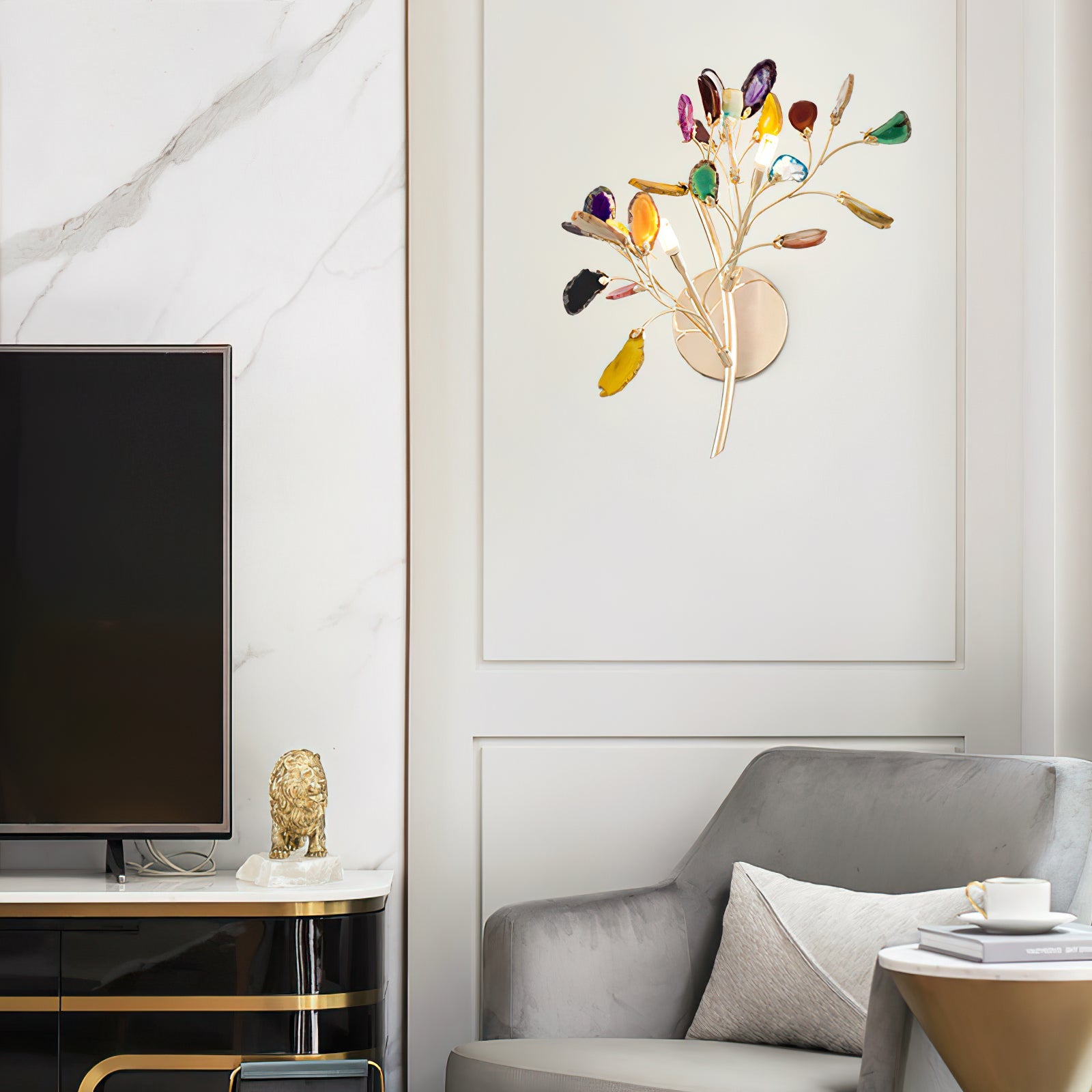 Agaat Wandlamp Natuursteen Goud Messing Wandverlichting Modern Design voor Woonkamer Slaapkamer | Sansoti