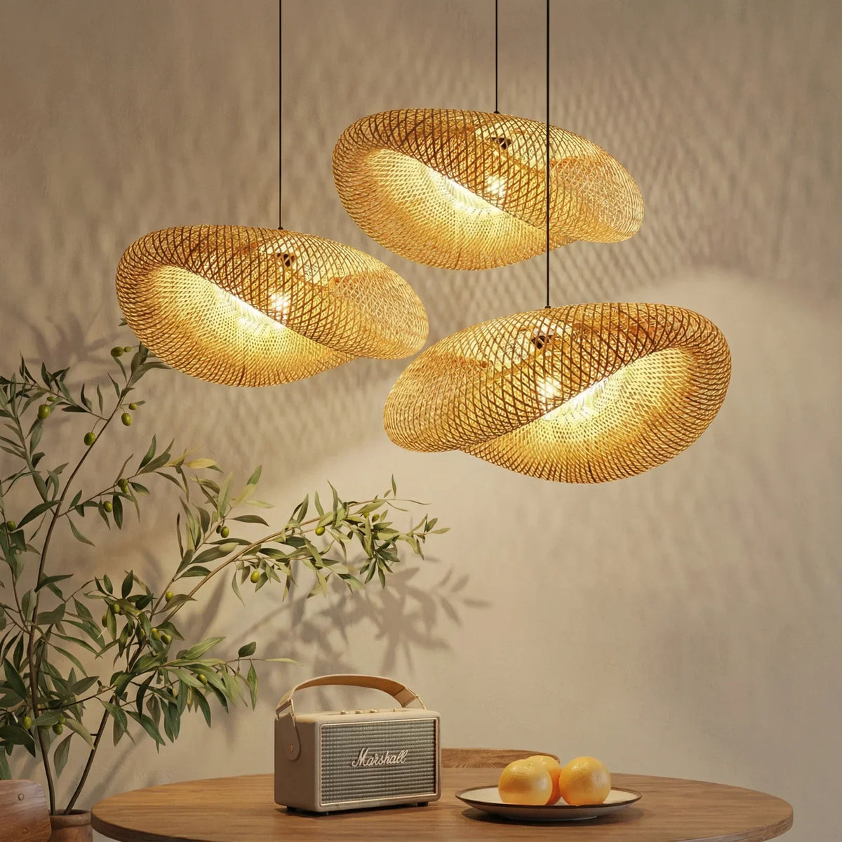 Suspension en bambou tressé E27, design scandinave, salle à manger, cuisine, salon, style naturel, vintage et bohème | Sansoti