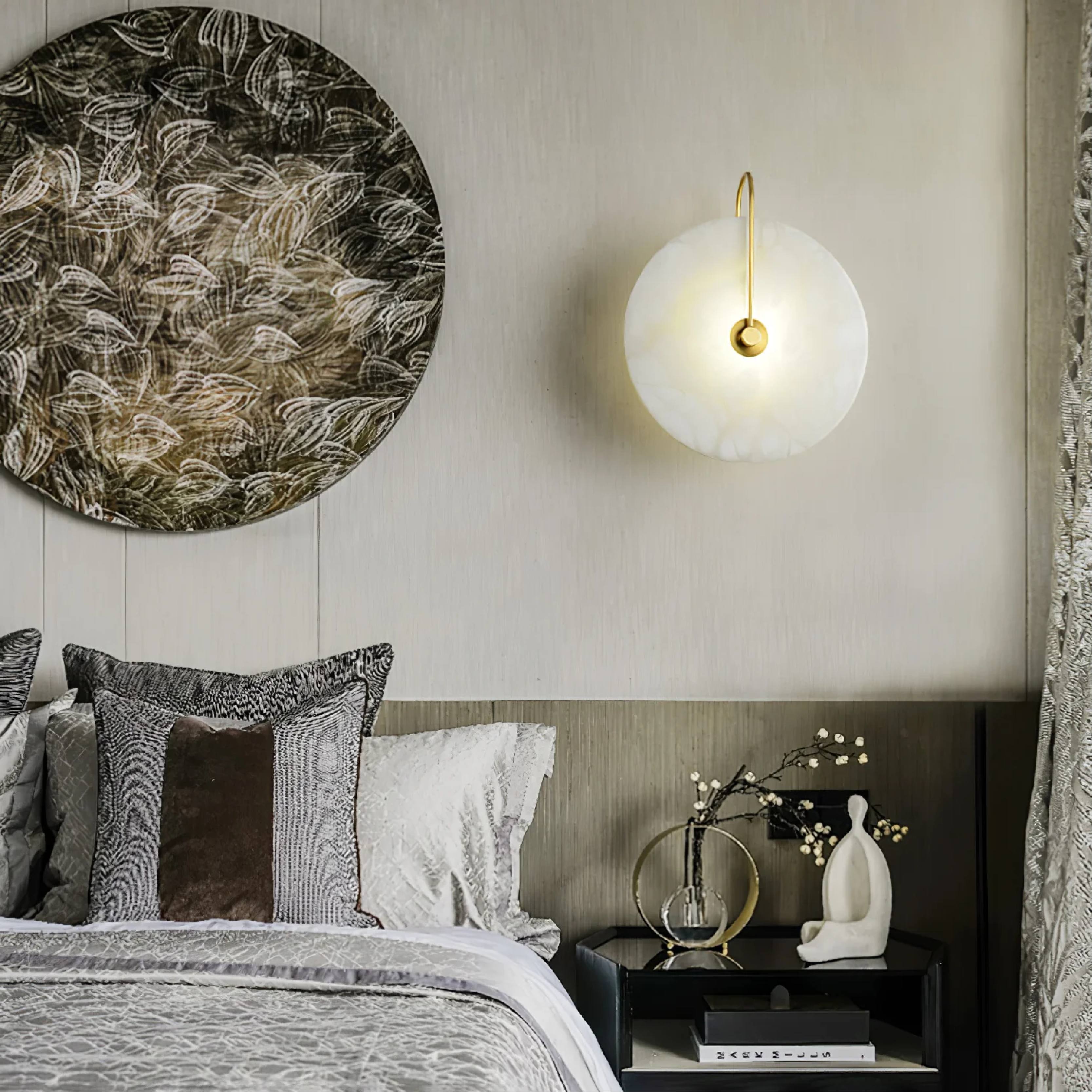 Alab Marmor LED Wandleuchte Alabaster Rund Gold Wandbeleuchtung Schlafzimmer Flur Modernes Design Stimmungslicht | Restfield