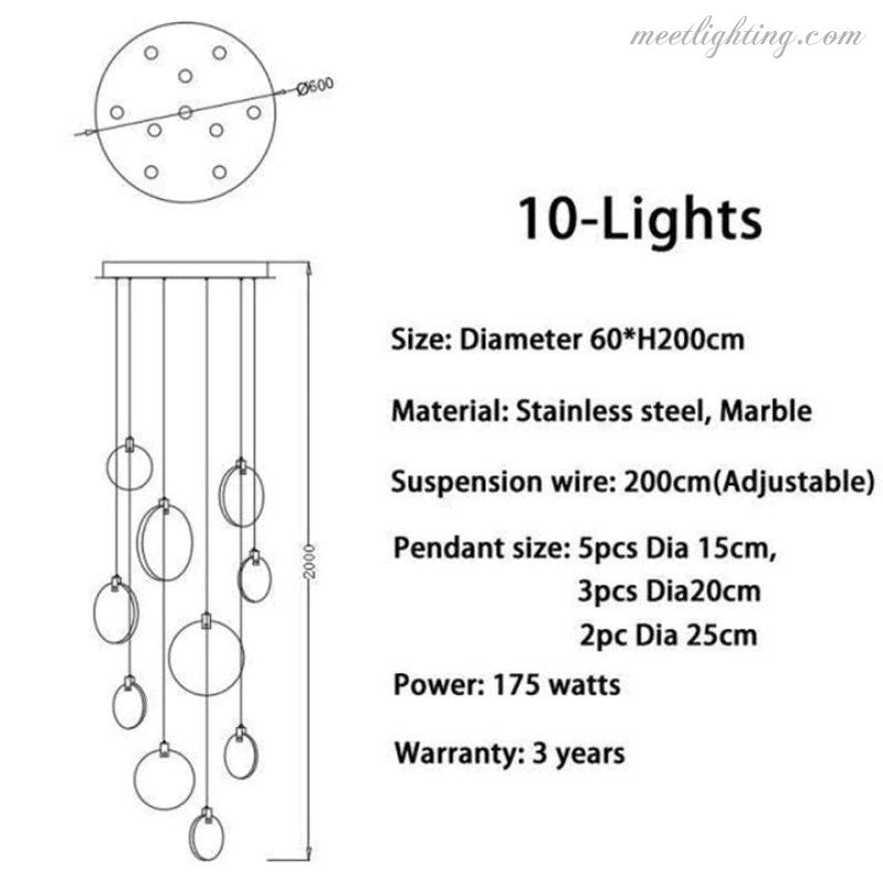 Lustre pour cage d’escalier en albâtre et laiton Haut plafond Puits de lumière Suspension Plusieurs points lumineux Luxe | Sansoti