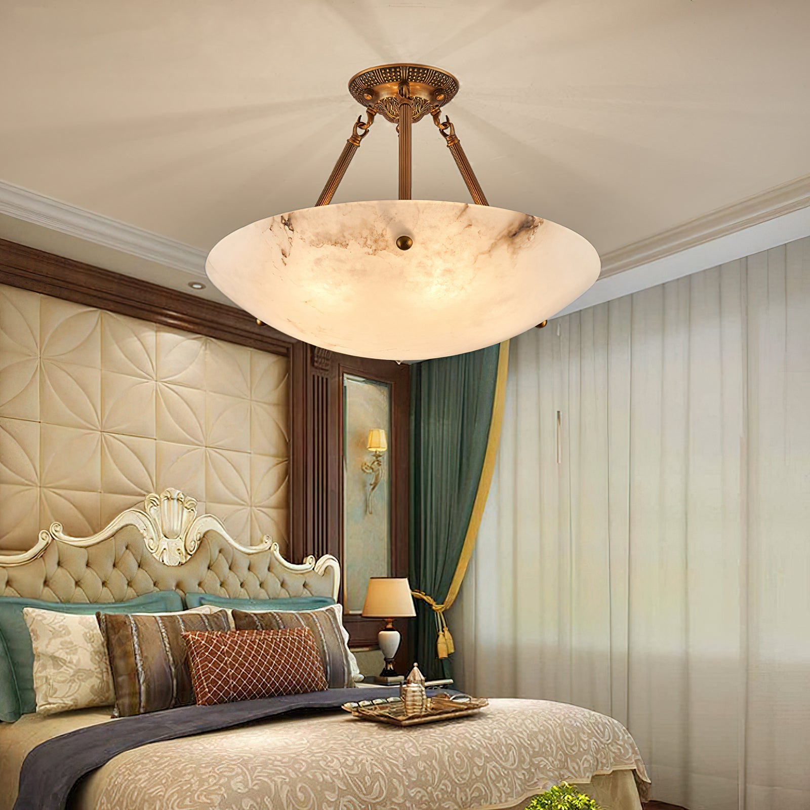 Alabaster Kom Plafondlamp – Antique Brass Montuur – 4, 5 of 6 Lichtpunten – Natuursteen Halfronde Kroonluchter voor Eetkamer Woonkamer Entree | Sansoti
