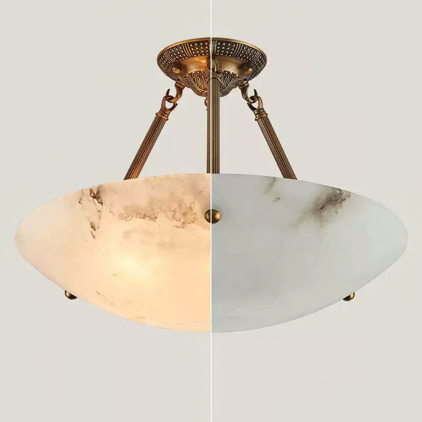 Alabaster Kom Plafondlamp – Antique Brass Montuur – 4, 5 of 6 Lichtpunten – Natuursteen Halfronde Kroonluchter voor Eetkamer Woonkamer Entree | Sansoti