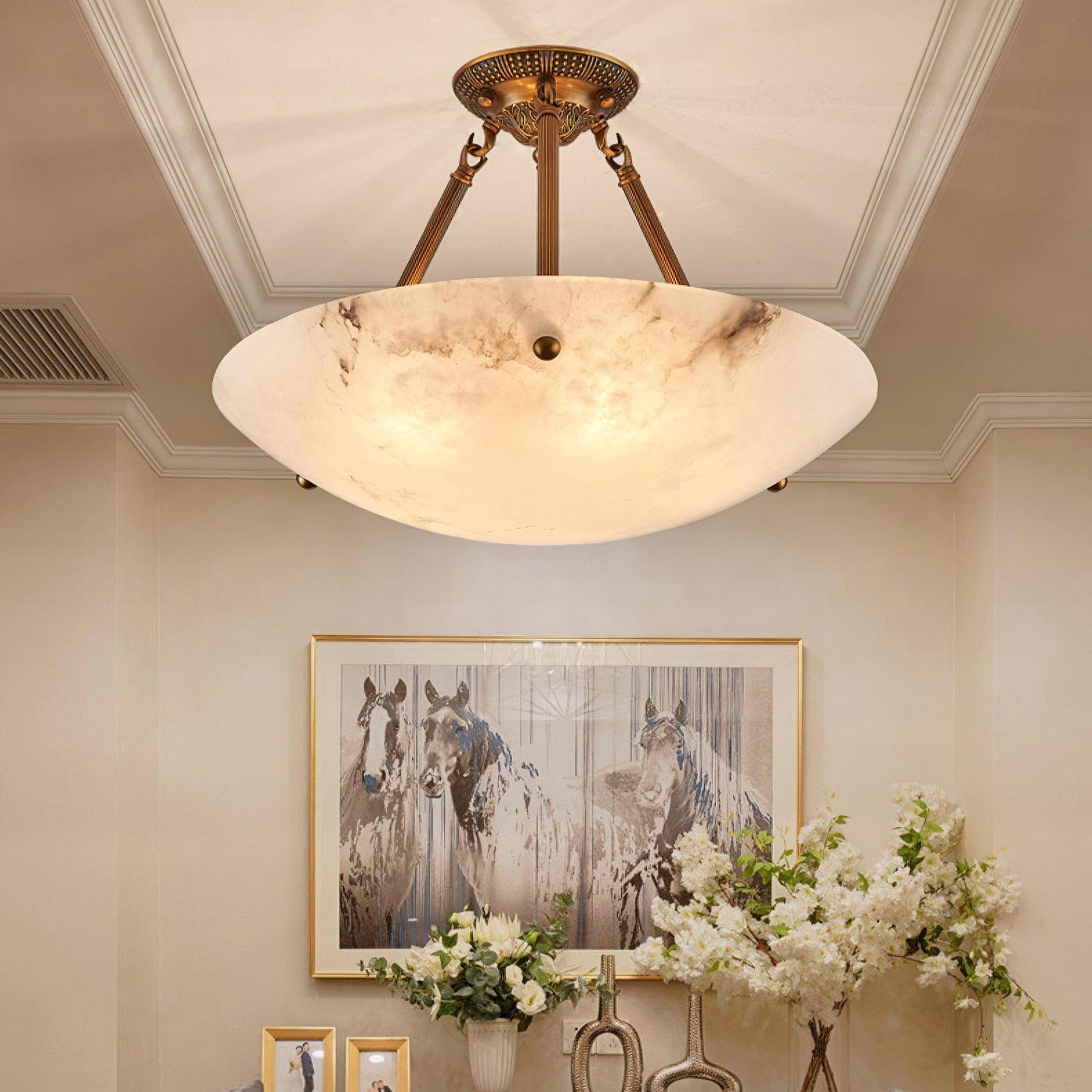 Alabaster Kom Plafondlamp – Antique Brass Montuur – 4, 5 of 6 Lichtpunten – Natuursteen Halfronde Kroonluchter voor Eetkamer Woonkamer Entree | Sansoti