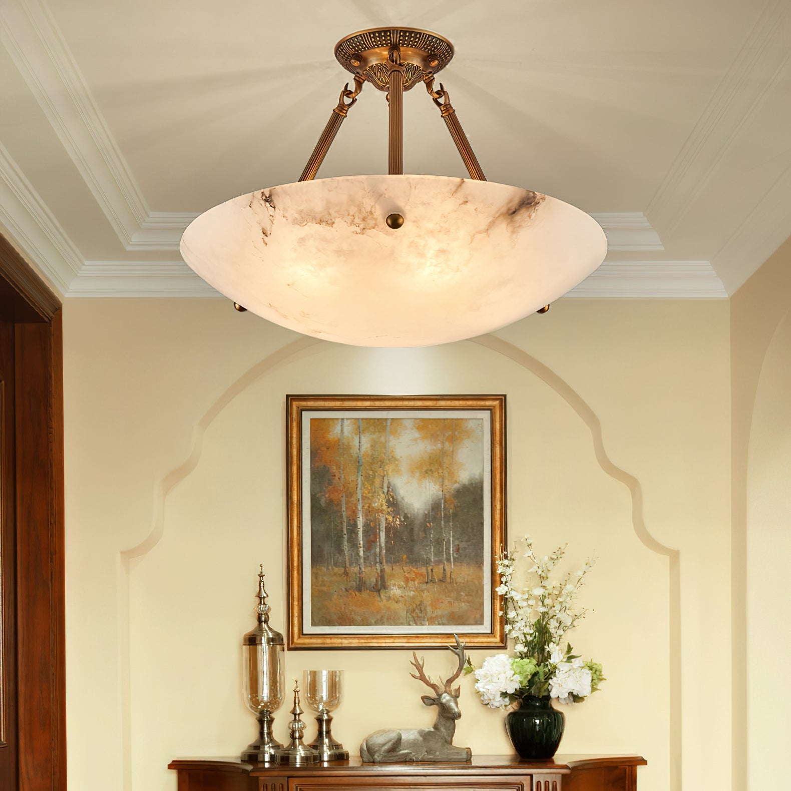 Alabaster Kom Plafondlamp – Antique Brass Montuur – 4, 5 of 6 Lichtpunten – Natuursteen Halfronde Kroonluchter voor Eetkamer Woonkamer Entree | Sansoti