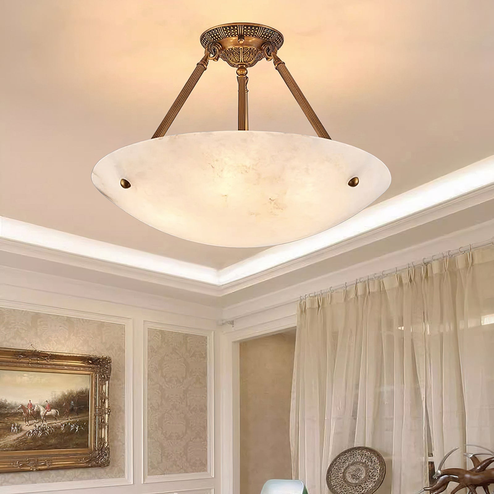 Alabaster Kom Plafondlamp – Antique Brass Montuur – 4, 5 of 6 Lichtpunten – Natuursteen Halfronde Kroonluchter voor Eetkamer Woonkamer Entree | Sansoti