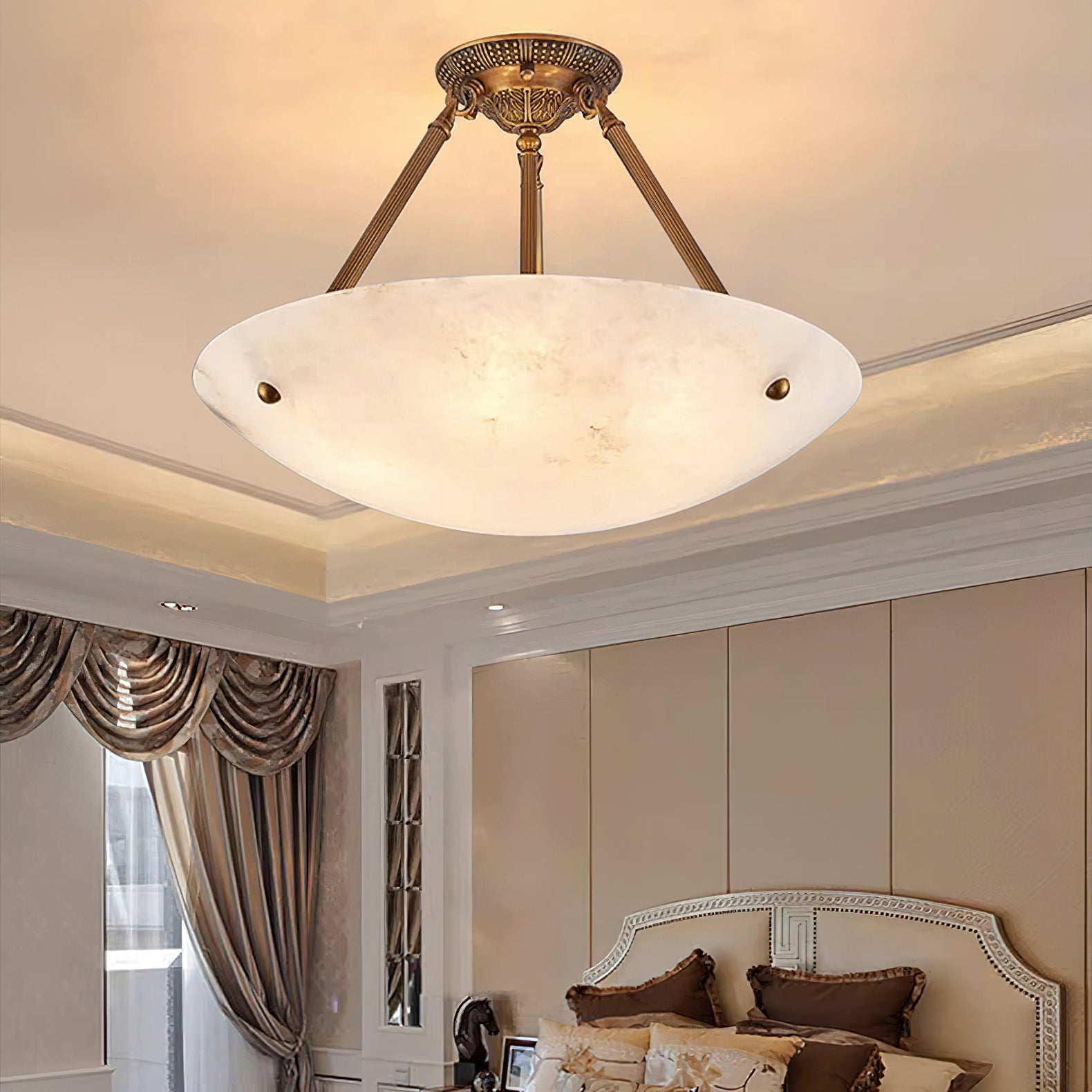 Alabaster Kom Plafondlamp – Antique Brass Montuur – 4, 5 of 6 Lichtpunten – Natuursteen Halfronde Kroonluchter voor Eetkamer Woonkamer Entree | Sansoti