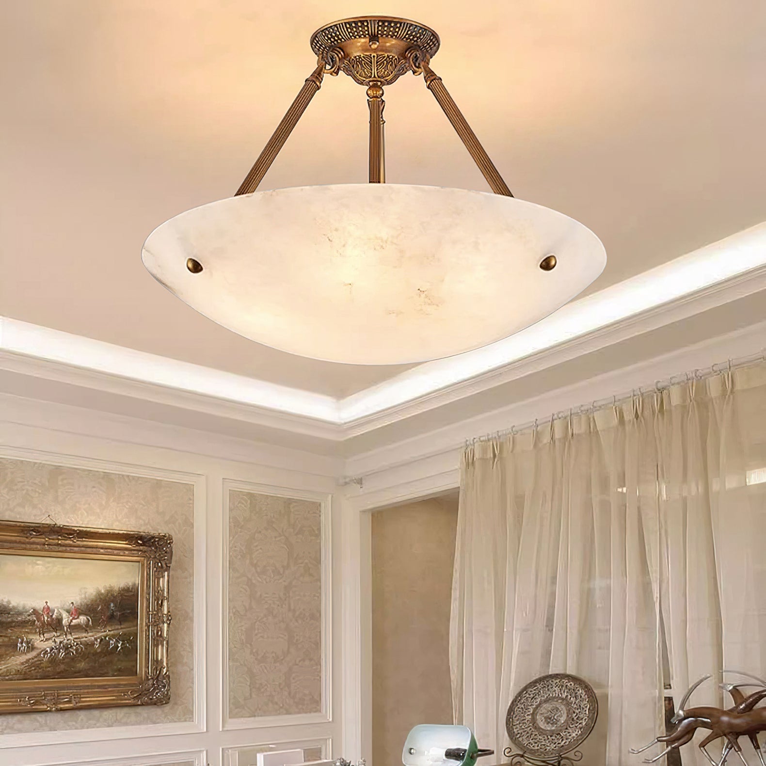 Alabaster Kom Plafondlamp – Antique Brass Montuur – 4, 5 of 6 Lichtpunten – Natuursteen Halfronde Kroonluchter voor Eetkamer Woonkamer Entree | Sansoti