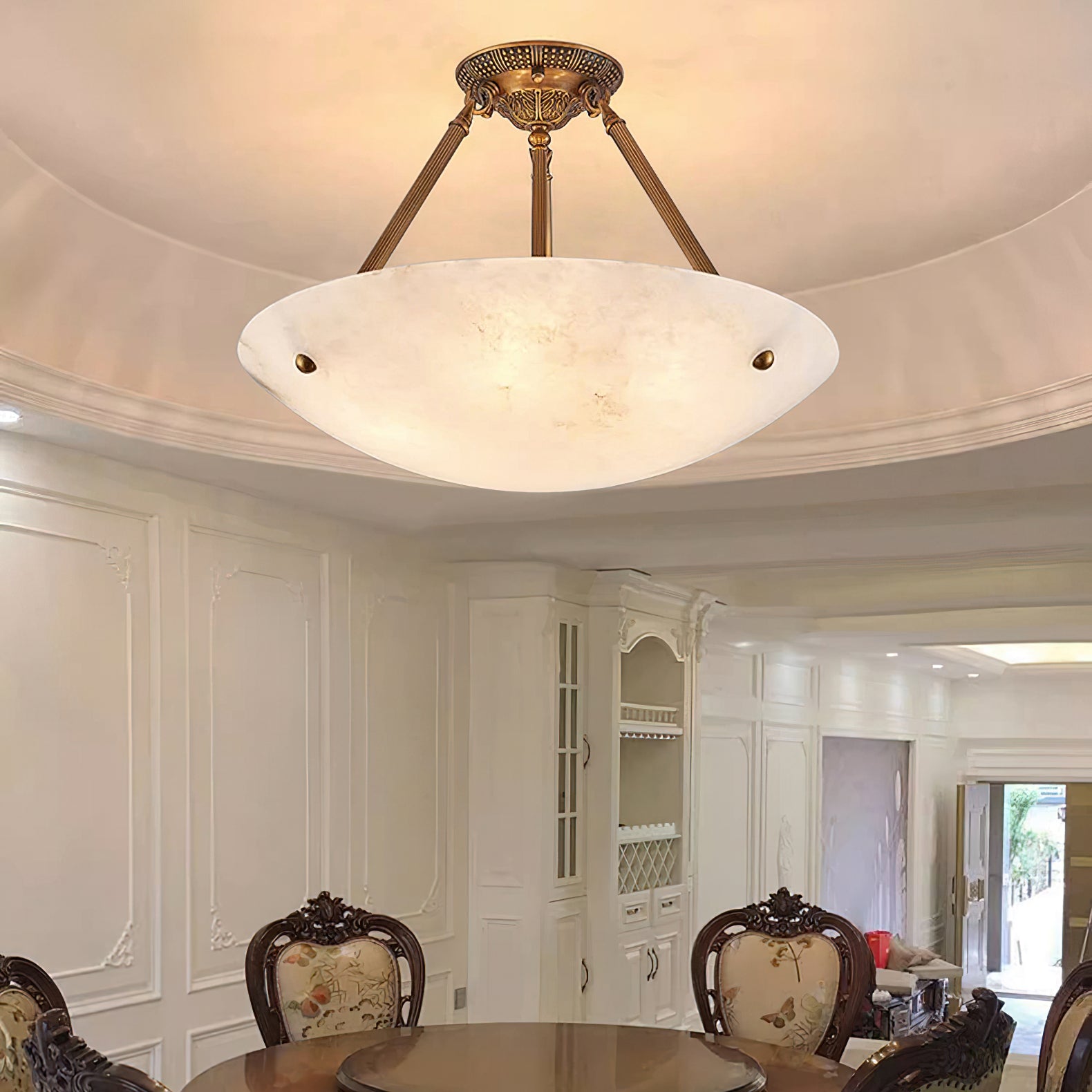Alabaster Kom Plafondlamp – Antique Brass Montuur – 4, 5 of 6 Lichtpunten – Natuursteen Halfronde Kroonluchter voor Eetkamer Woonkamer Entree | Sansoti