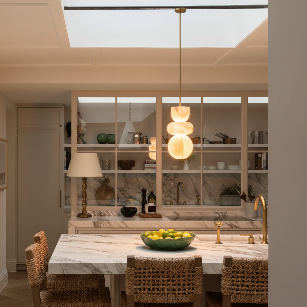 Alabaster Hanglamp met Messing Armatuur en Geïntegreerde LED – Luxe Natuurstenen Design Verlichting | Sansoti