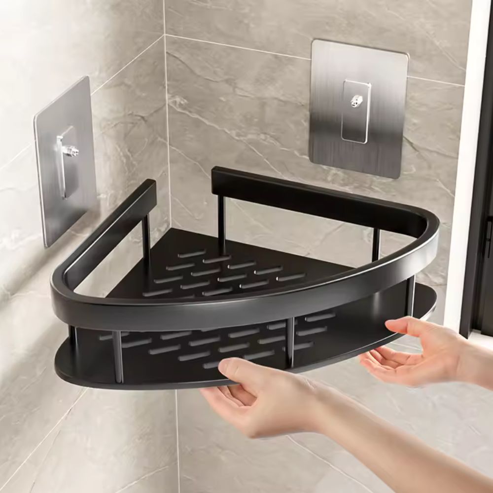 Doucheplank Aluminium Zelfklevend Zilver Hoek Wandplank Badkamer Organizer Zonder Boren Opbergrek Shampoo Zeep | Sansoti