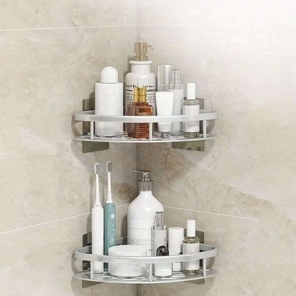 Doucheplank Aluminium Zelfklevend Zilver Hoek Wandplank Badkamer Organizer Zonder Boren Opbergrek Shampoo Zeep | Sansoti