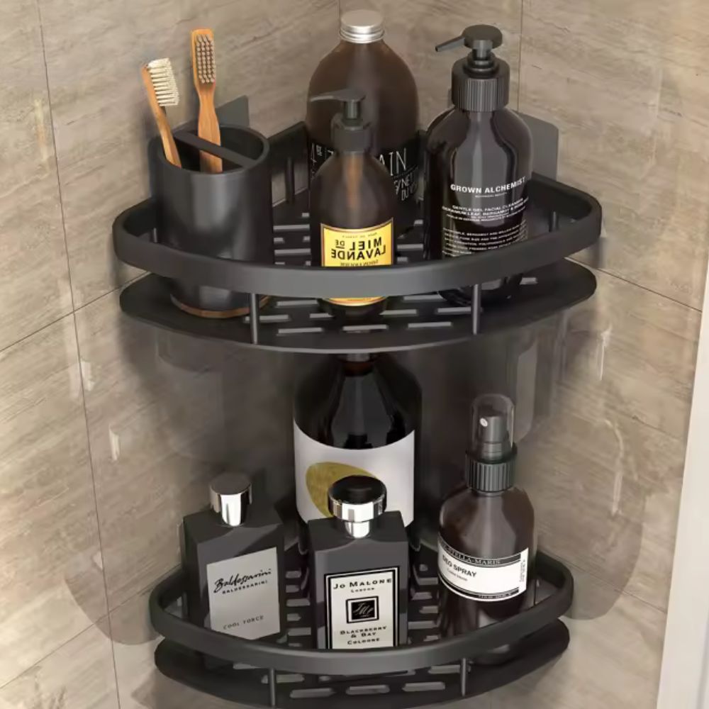 Étagère d'angle pour douche sans perçage – Étagère de salle de bain en aluminium avec évacuation & revêtement antirouille | Restfield