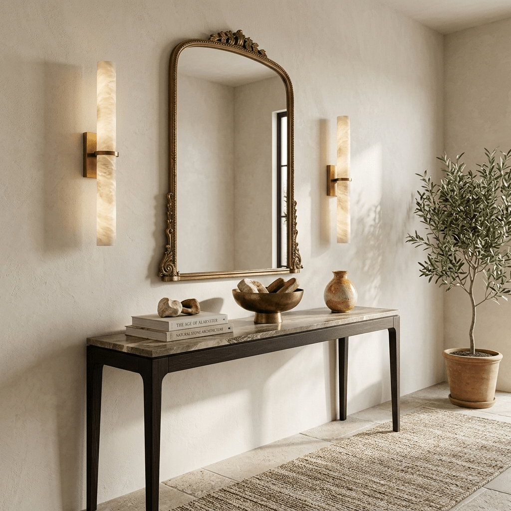 Moderne Wandlamp Alabaster Staaf met Gouden Beugel – 50 cm Natuursteen Verlichting | Sansoti