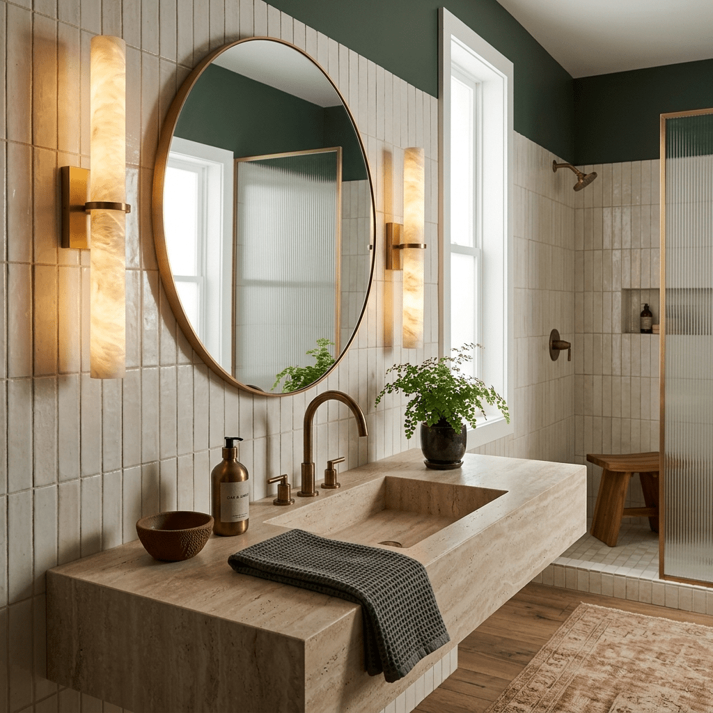 Moderne Wandlamp Alabaster Staaf met Gouden Beugel – 50 cm Natuursteen Verlichting | Sansoti