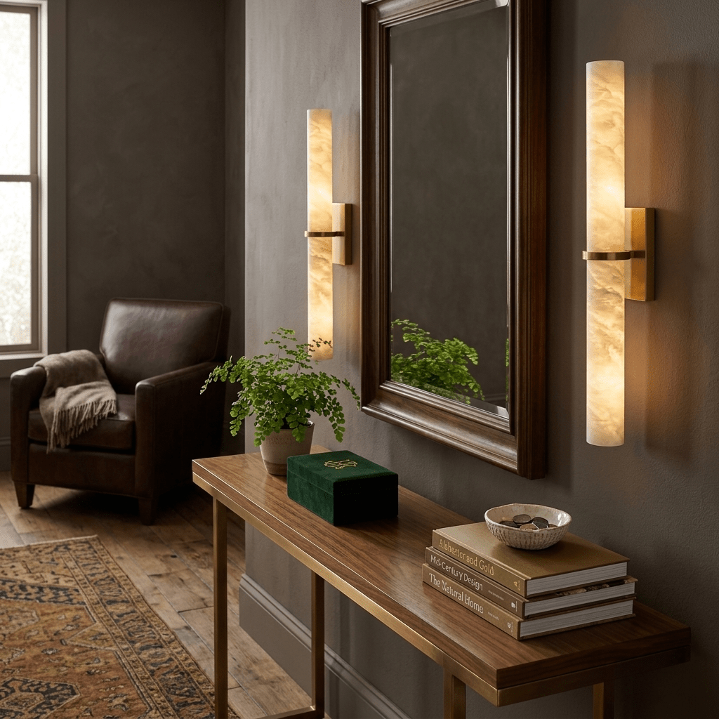 Moderne Wandlamp Alabaster Staaf met Gouden Beugel – 50 cm Natuursteen Verlichting | Sansoti