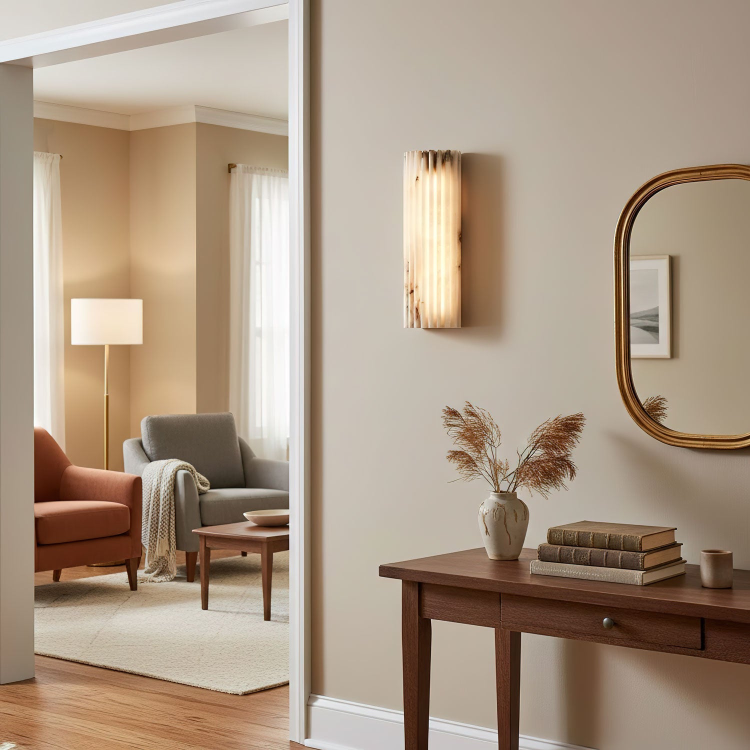 Alabaster Wandlamp Natuursteen – Geribbeld Design – Warm Licht – Scandinavische Stijl | Sansoti
