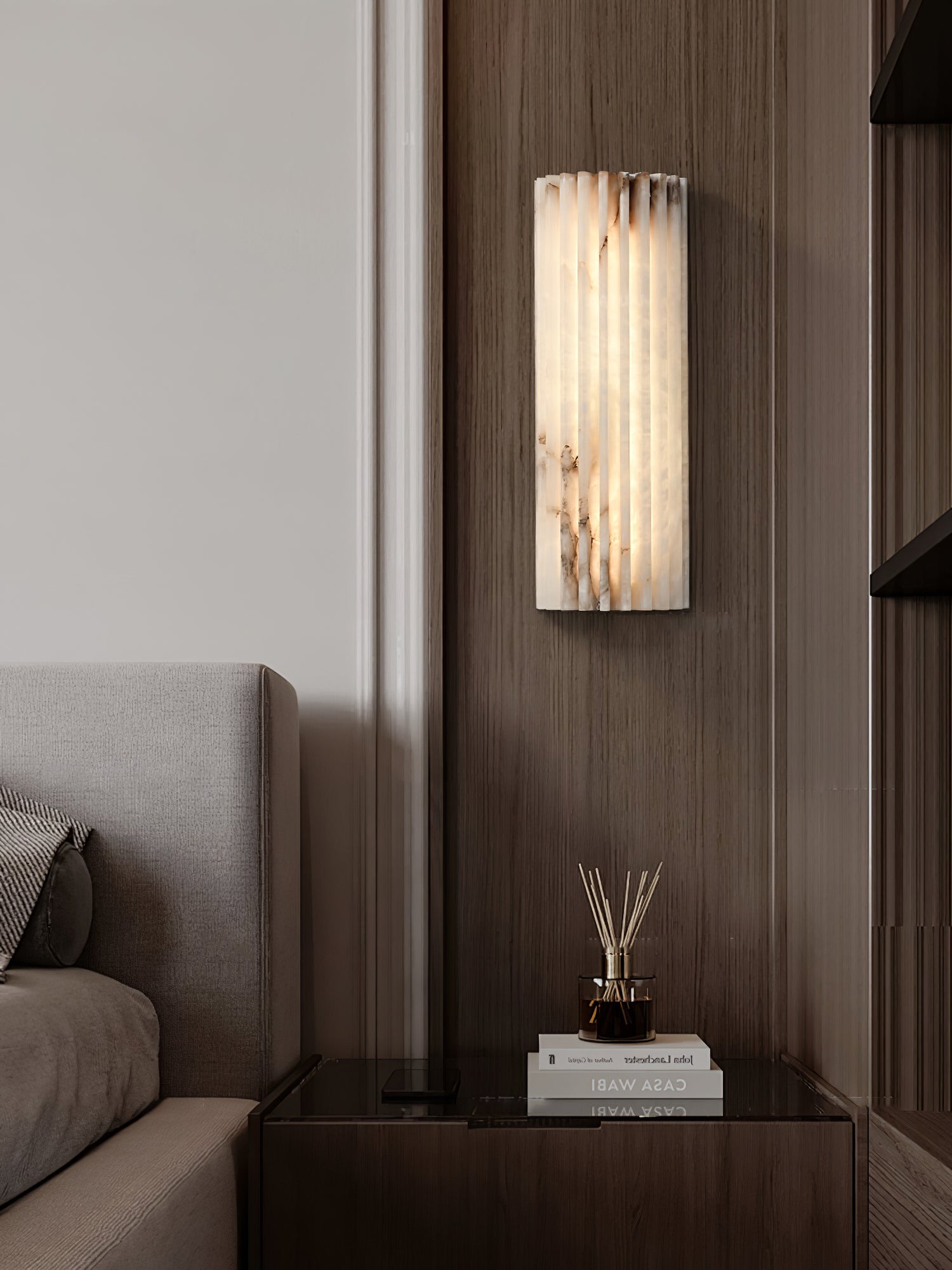Alabaster Wandlamp Natuursteen – Geribbeld Design – Warm Licht – Scandinavische Stijl | Sansoti