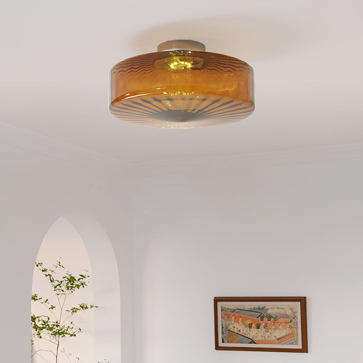 Plafondlamp Amberkleuring Glas Zonnestraalpatroon Retro Verlichting Warm Licht Metalen Fitting Woonkamer | Sansoti