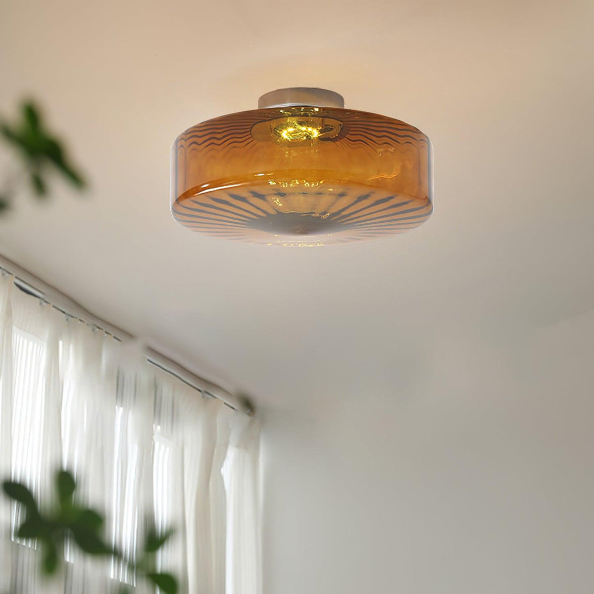 Plafondlamp Amberkleuring Glas Zonnestraalpatroon Retro Verlichting Warm Licht Metalen Fitting Woonkamer | Sansoti