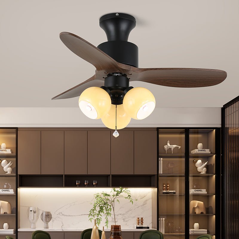 Vintage Ceiling Fan with Lighting — Glass Shade & Wood Grain Blades — Ø91-106 cm | Sansoti
