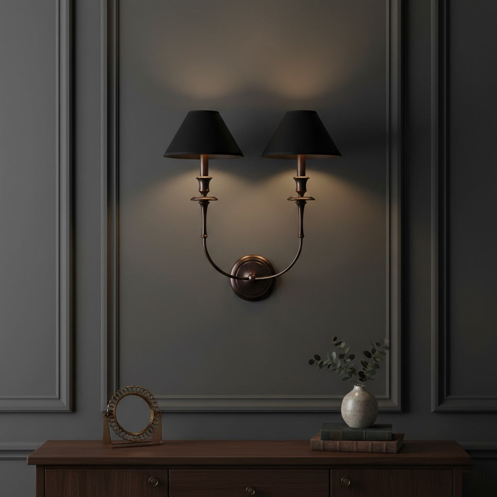 Applique Murale Moderne avec Abat-jour en Tissu Noir en Laiton, Nickel ou Noir – 1 ou 2 Points Lumineux Design | Restfield