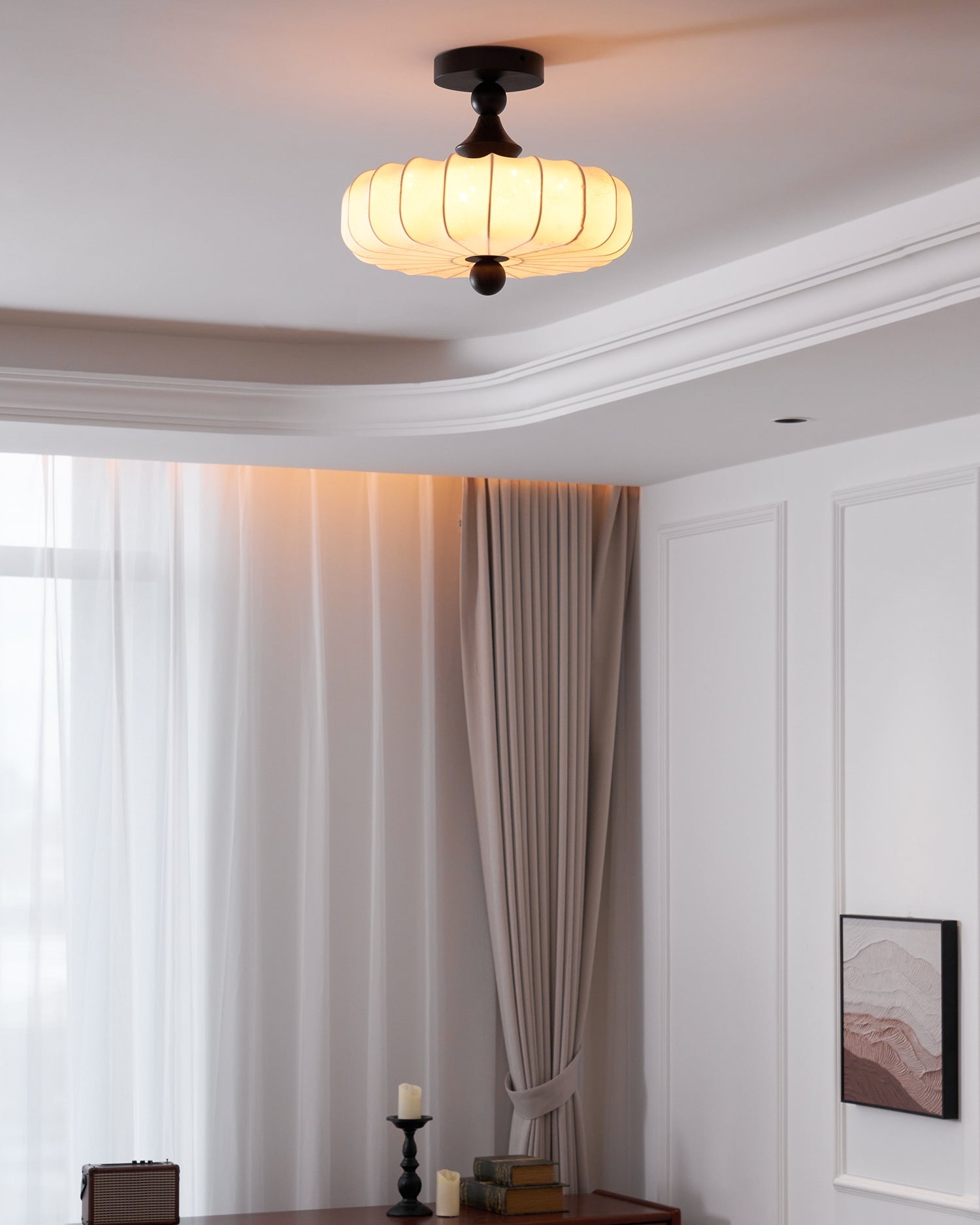Anela Plafondlamp Walnoot met Beige Gevlochten Kap – Retro Scandinavische Hanglamp met Geïntegreerde LED – Dimbare Plafondverlichting | Sansoti