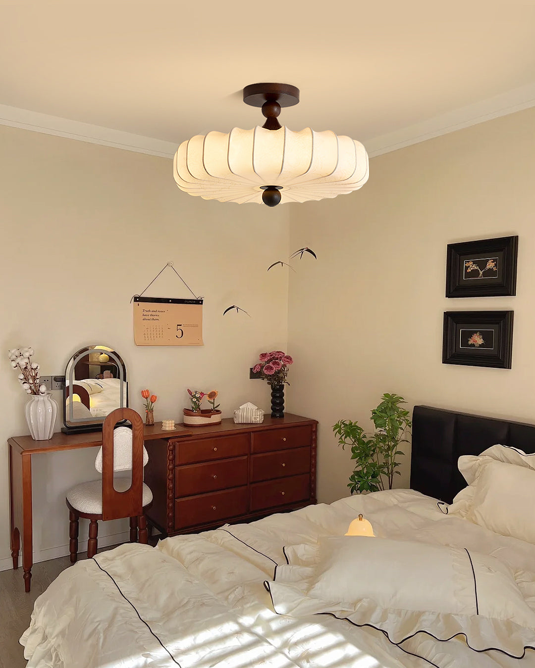 Anela Plafondlamp Walnoot met Beige Gevlochten Kap – Retro Scandinavische Hanglamp met Geïntegreerde LED – Dimbare Plafondverlichting | Sansoti