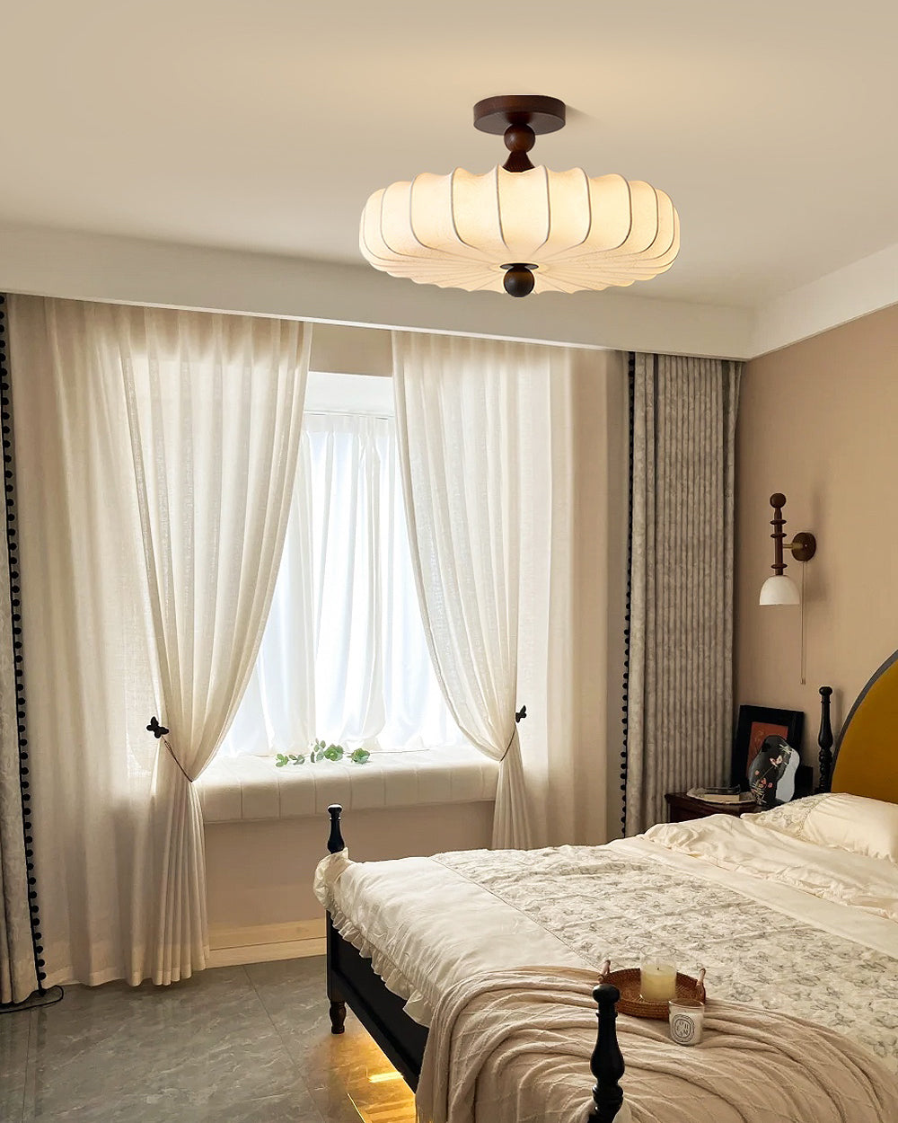 Anela Plafondlamp Walnoot met Beige Gevlochten Kap – Retro Scandinavische Hanglamp met Geïntegreerde LED – Dimbare Plafondverlichting | Sansoti