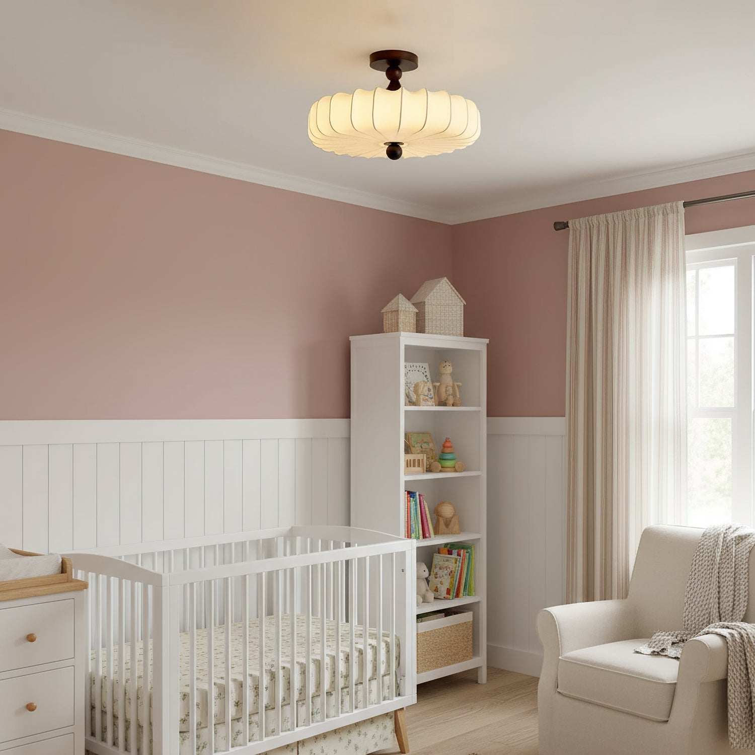 Anela Plafondlamp Walnoot met Beige Gevlochten Kap – Retro Scandinavische Hanglamp met Geïntegreerde LED – Dimbare Plafondverlichting | Sansoti
