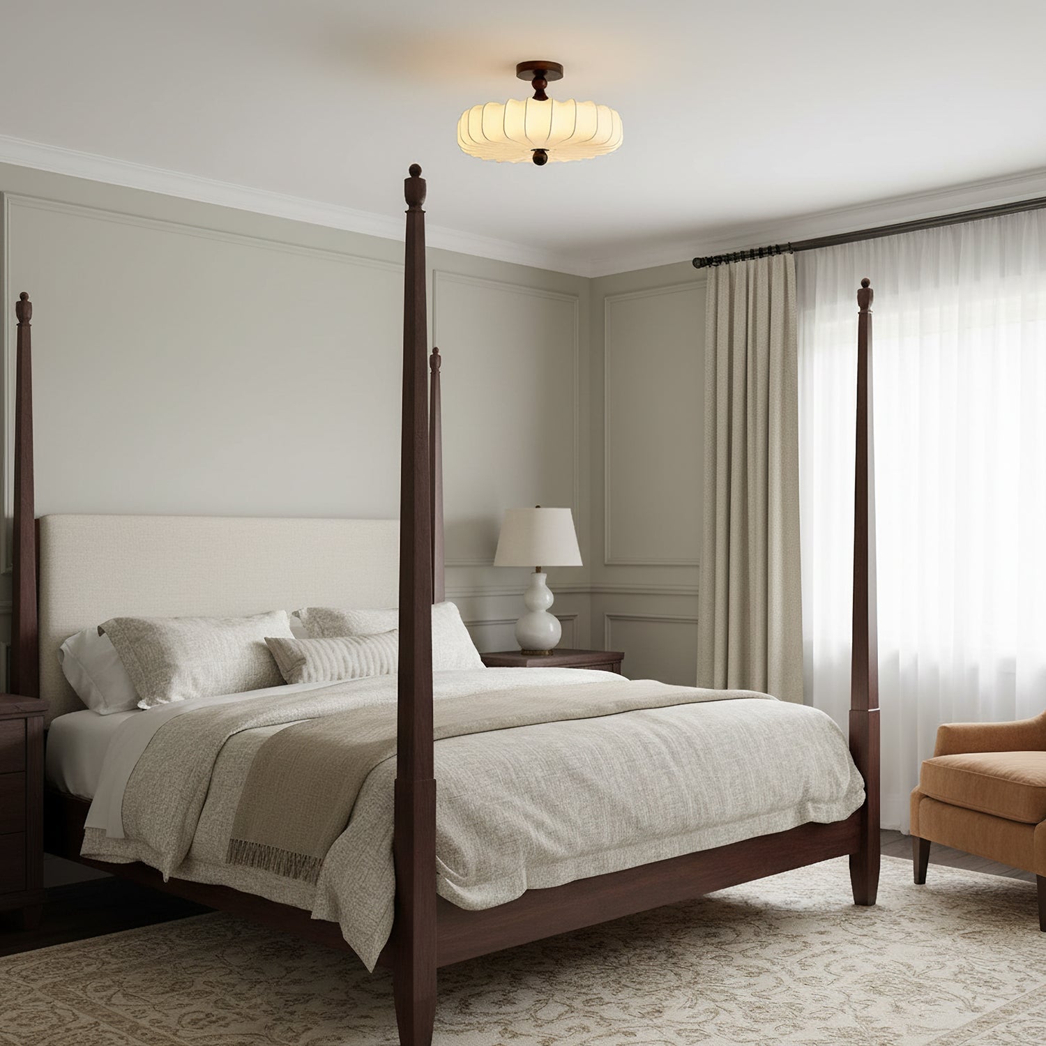 Anela Plafondlamp Walnoot met Beige Gevlochten Kap – Retro Scandinavische Hanglamp met Geïntegreerde LED – Dimbare Plafondverlichting | Sansoti