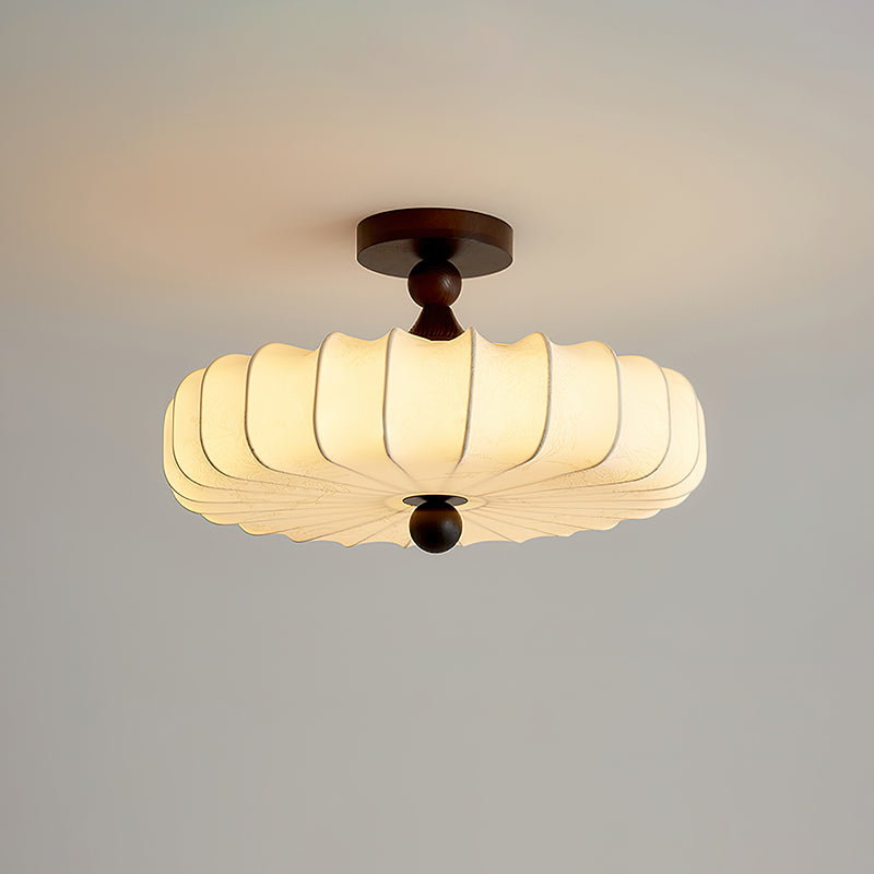 Anela Plafondlamp Walnoot met Beige Gevlochten Kap – Retro Scandinavische Hanglamp met Geïntegreerde LED – Dimbare Plafondverlichting | Sansoti