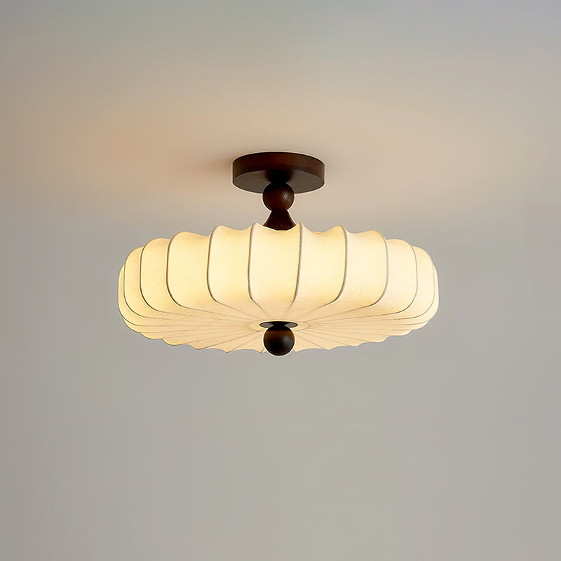 Anela Plafondlamp Walnoot met Beige Gevlochten Kap – Retro Scandinavische Hanglamp met Geïntegreerde LED – Dimbare Plafondverlichting | Sansoti