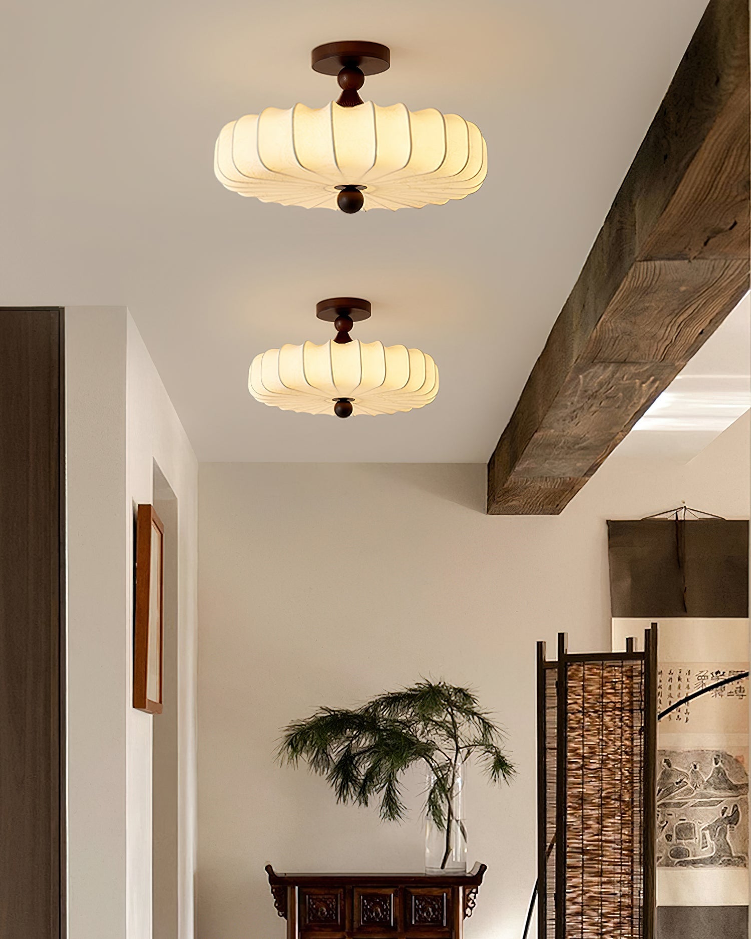 Anela Plafondlamp Walnoot met Beige Gevlochten Kap – Retro Scandinavische Hanglamp met Geïntegreerde LED – Dimbare Plafondverlichting | Sansoti