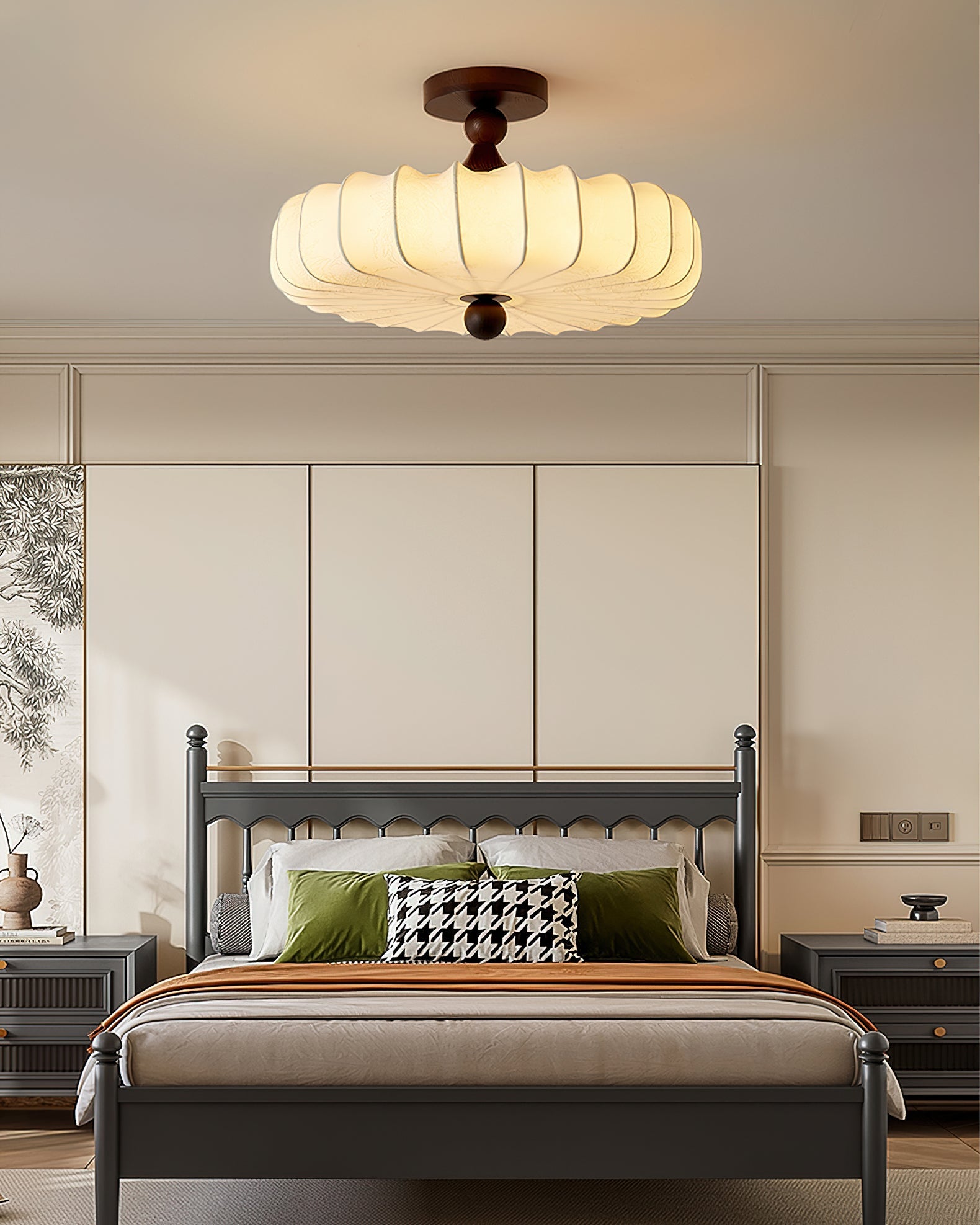 Anela Plafondlamp Walnoot met Beige Gevlochten Kap – Retro Scandinavische Hanglamp met Geïntegreerde LED – Dimbare Plafondverlichting | Sansoti